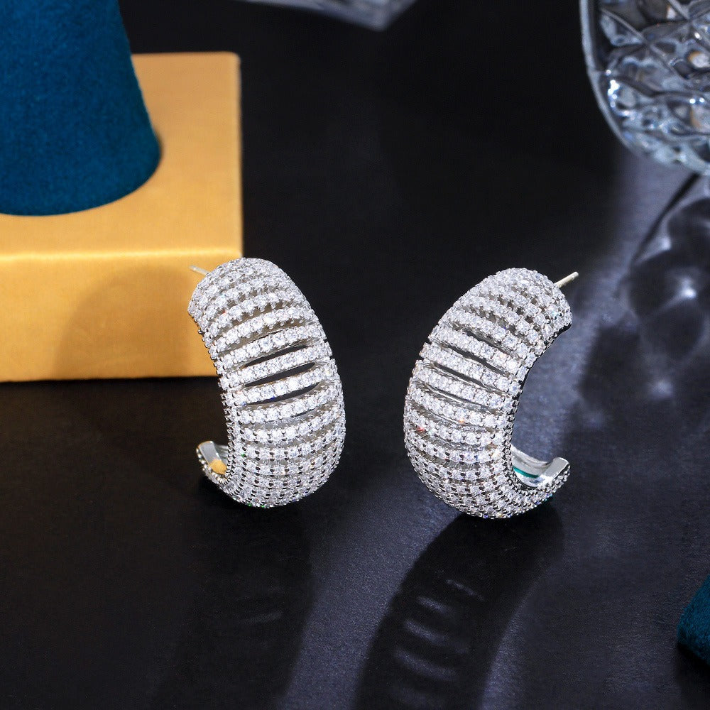 Retro light luxury caterpillar hollow colorful gradient zircon hoop earrings