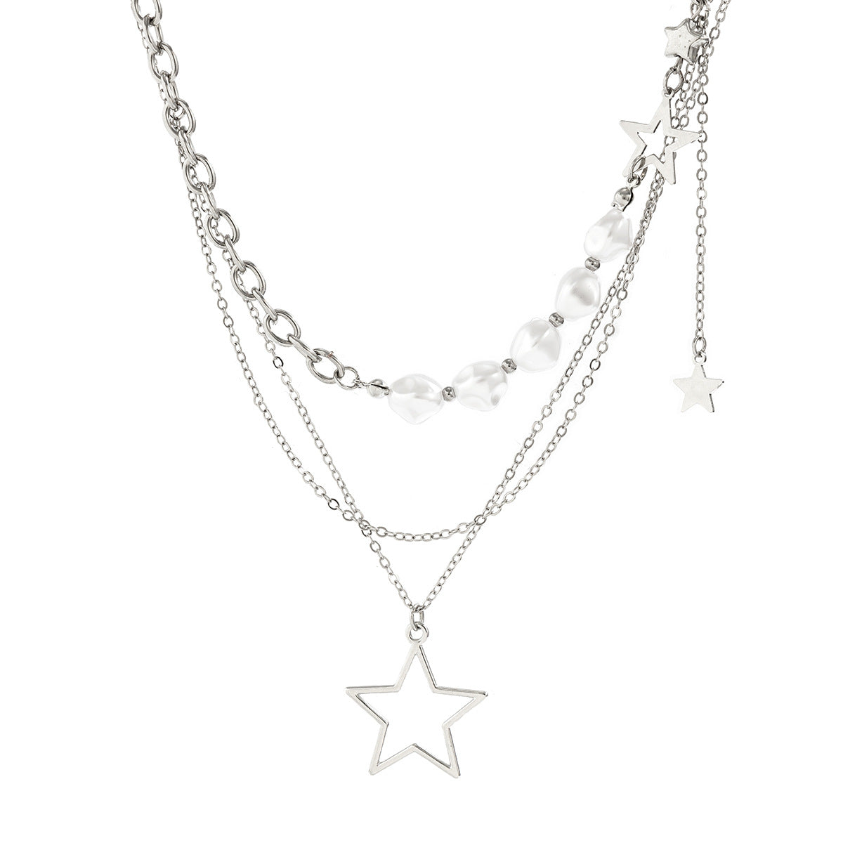 Cold style hollow out pentagram star shaped pendant with three layered necklace necklaces