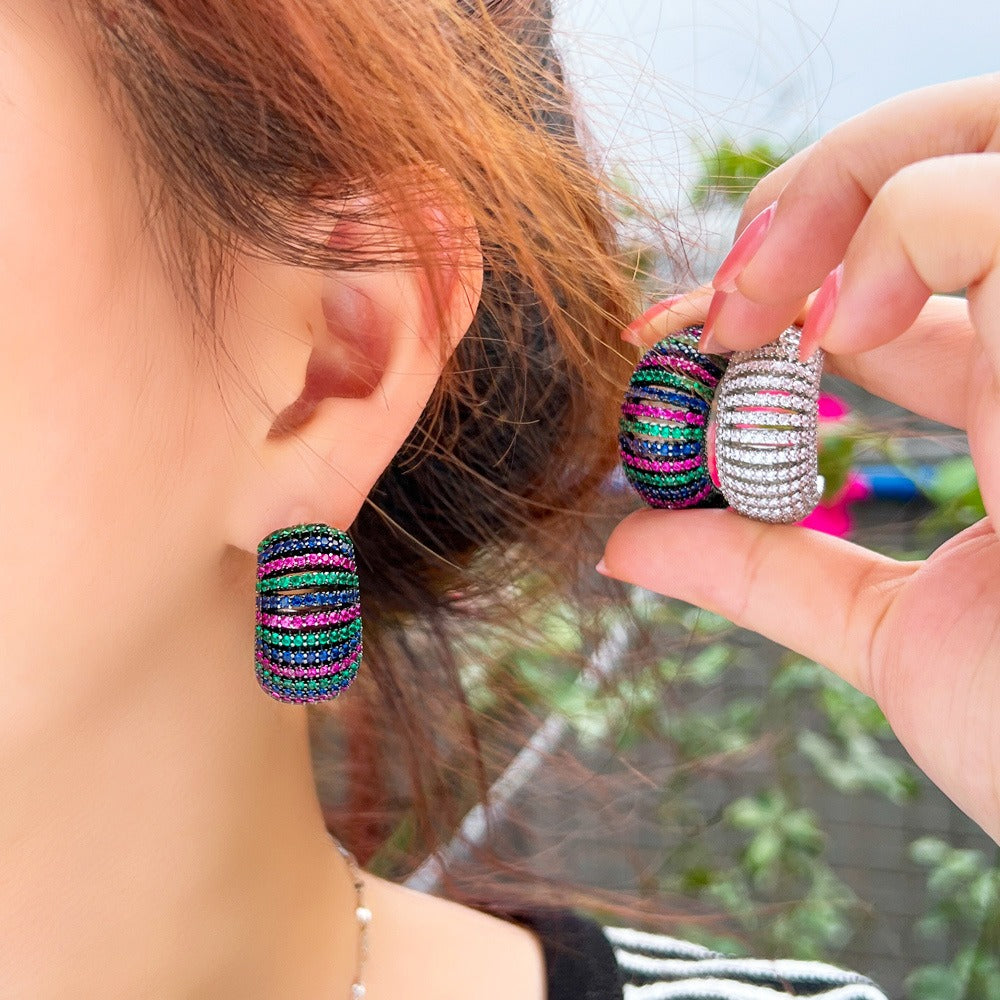Retro light luxury caterpillar hollow colorful gradient zircon hoop earrings