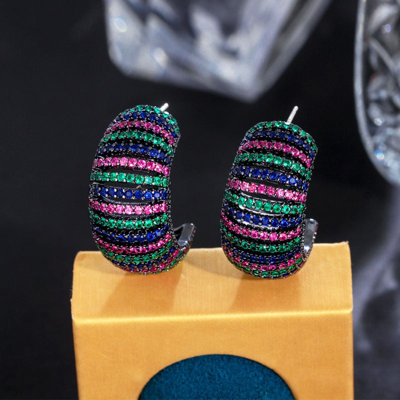 Retro light luxury caterpillar hollow colorful gradient zircon hoop earrings