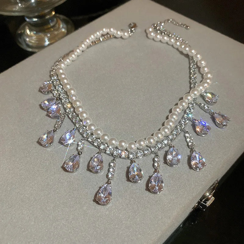 Luxury Pearl Choker Necklaces for Women Tassel Water Drop Zircon Crystal Necklaces Wedding Banquet Jewelry