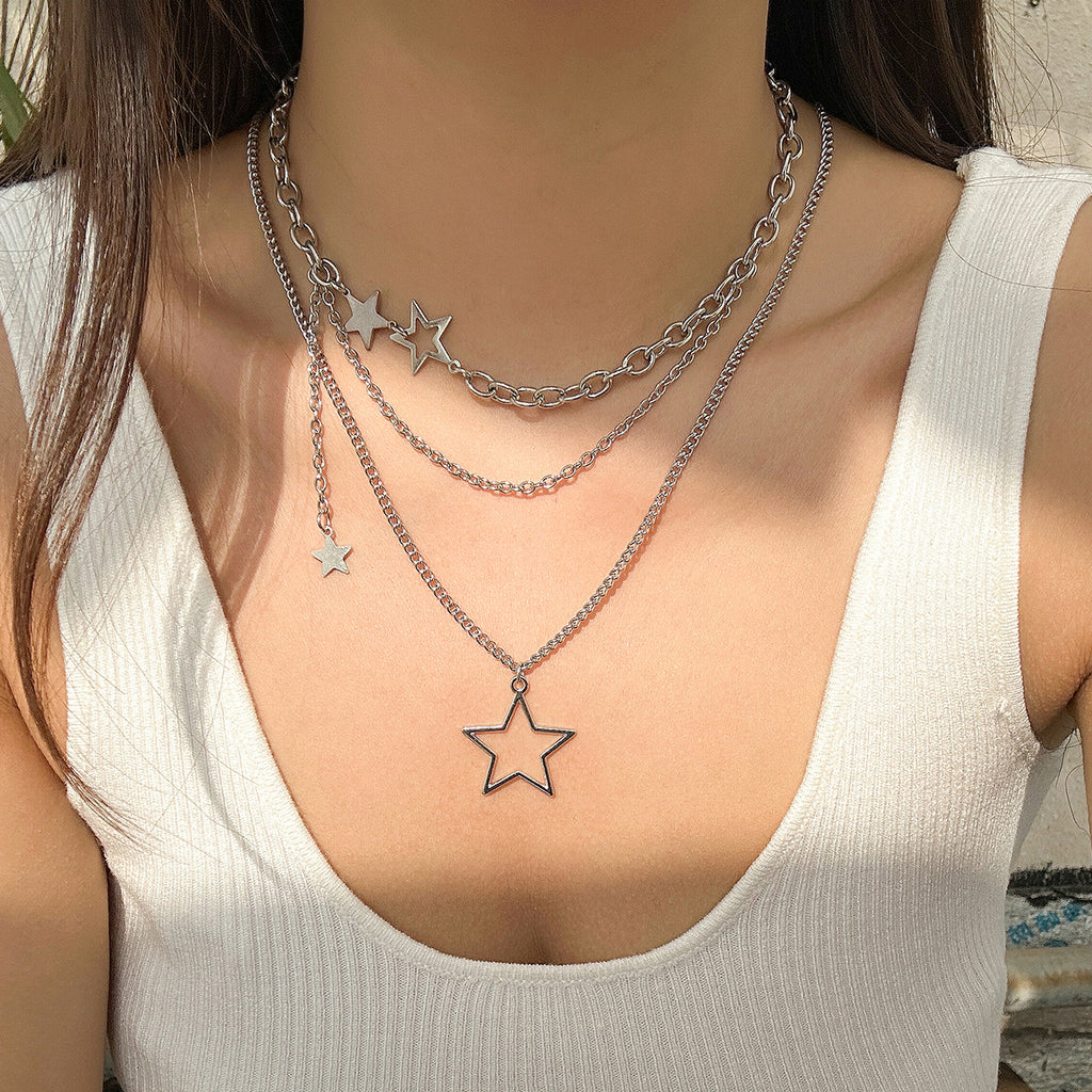 Cold style hollow out pentagram star shaped pendant with three layered necklace necklaces