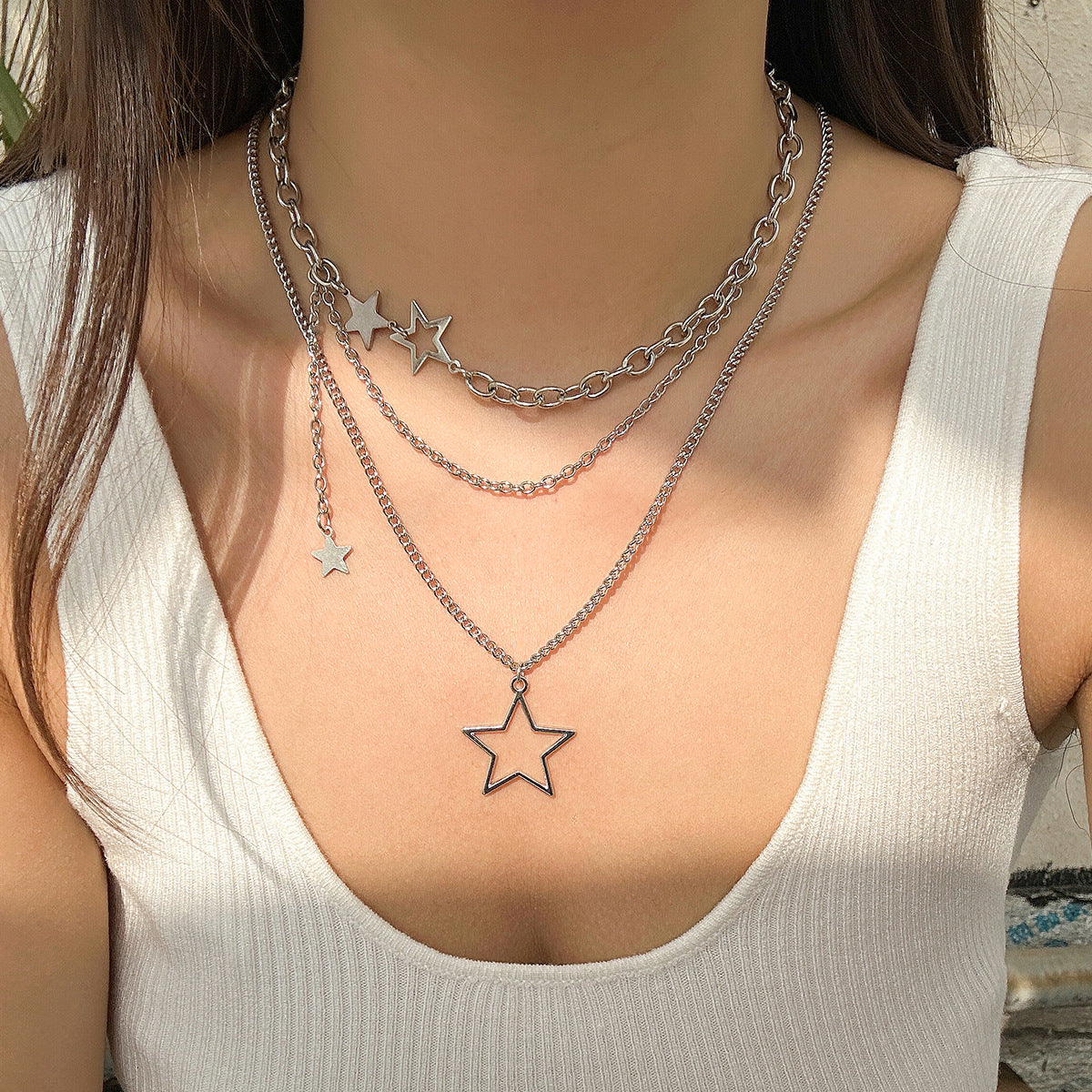 Cold style hollow out pentagram star shaped pendant with three layered necklace necklaces