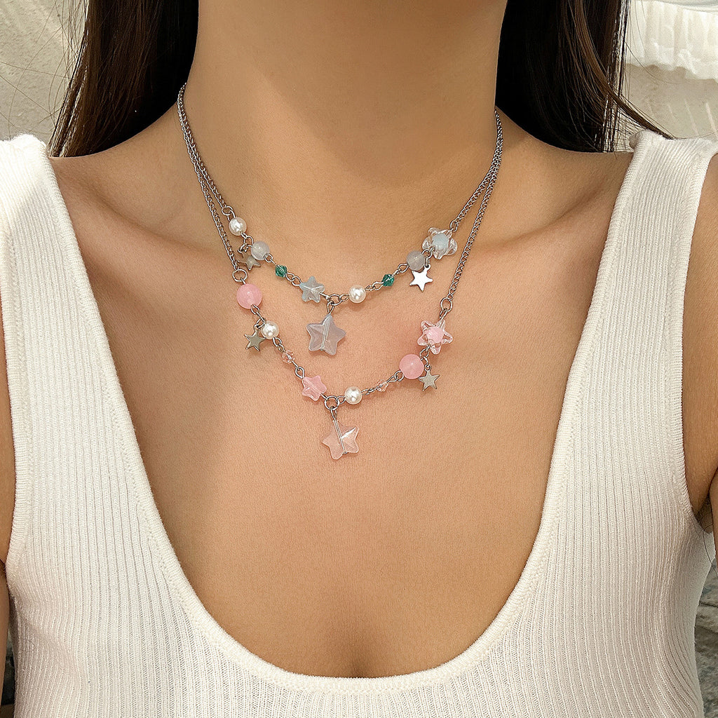 Cold style hollow out pentagram star shaped pendant with three layered necklace necklaces