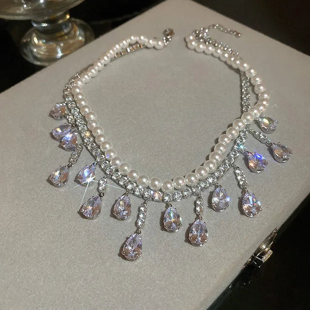 Luxury Pearl Choker Necklaces for Women Tassel Water Drop Zircon Crystal Necklaces Wedding Banquet Jewelry